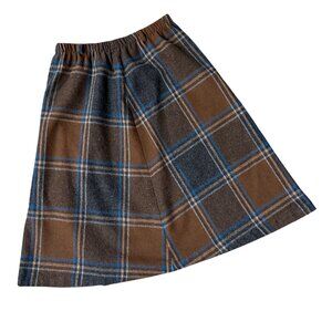 Vintage Skirt Size 16 Brown Blue Plaid Wool Blend 1980s Kate Brooke USA